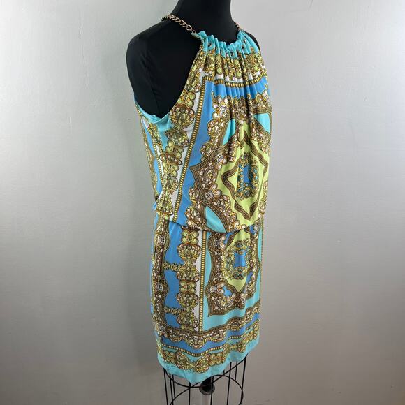 CACHE Womens Baroque Chain Halter Dress Blue Yellow Sleeveless Stretch Size M - Picture 5 of 10